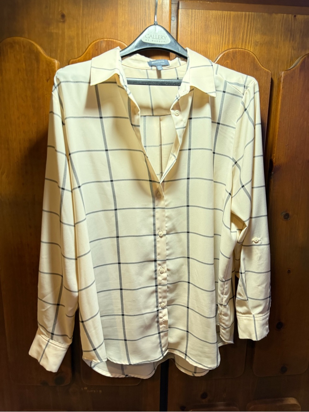 Haggar Cream Button-Down Shirt with Black Windowpane Plaid